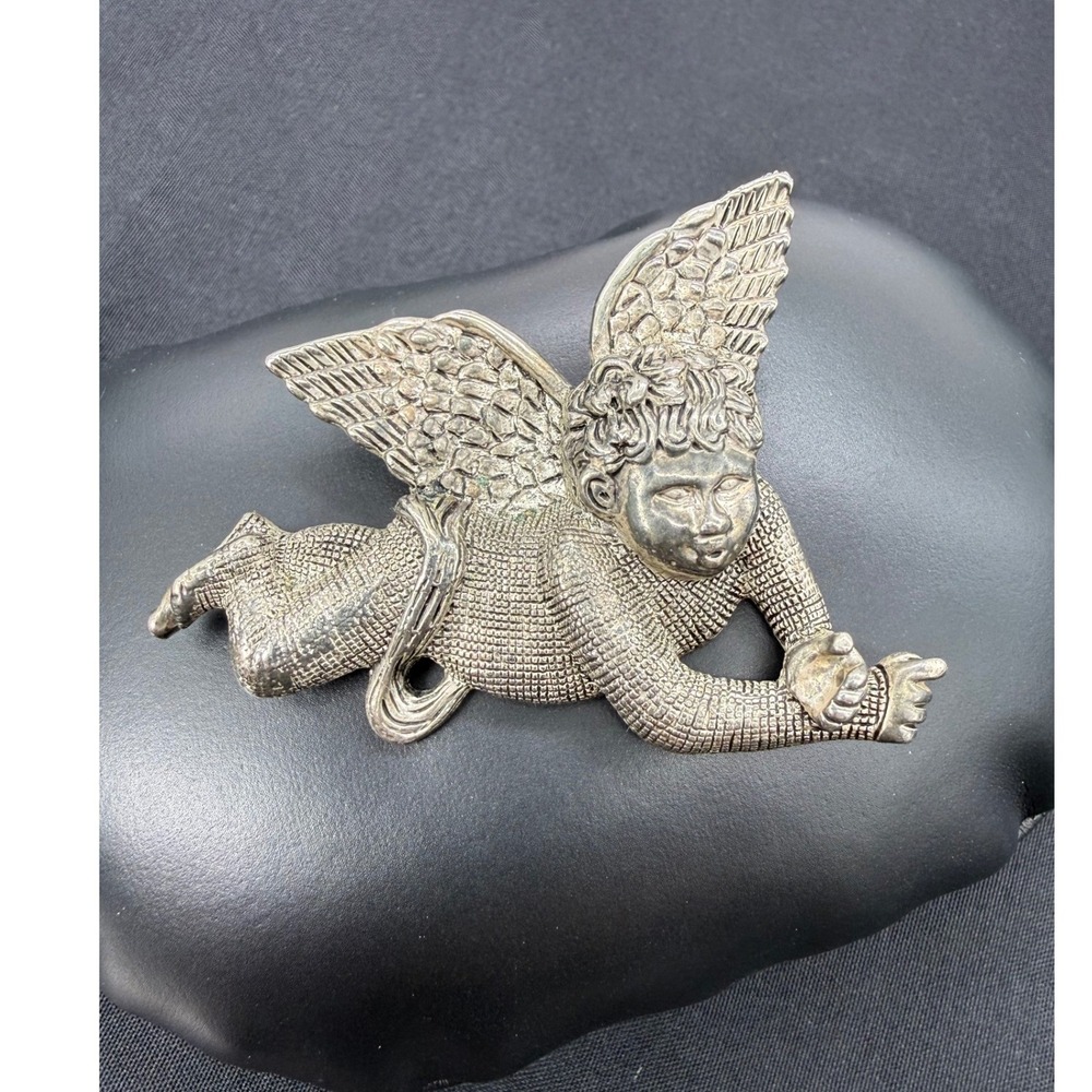 Vintage Silver Tone Cherub Angel Brooch Pin Flying Winged Celestial Jewelry
